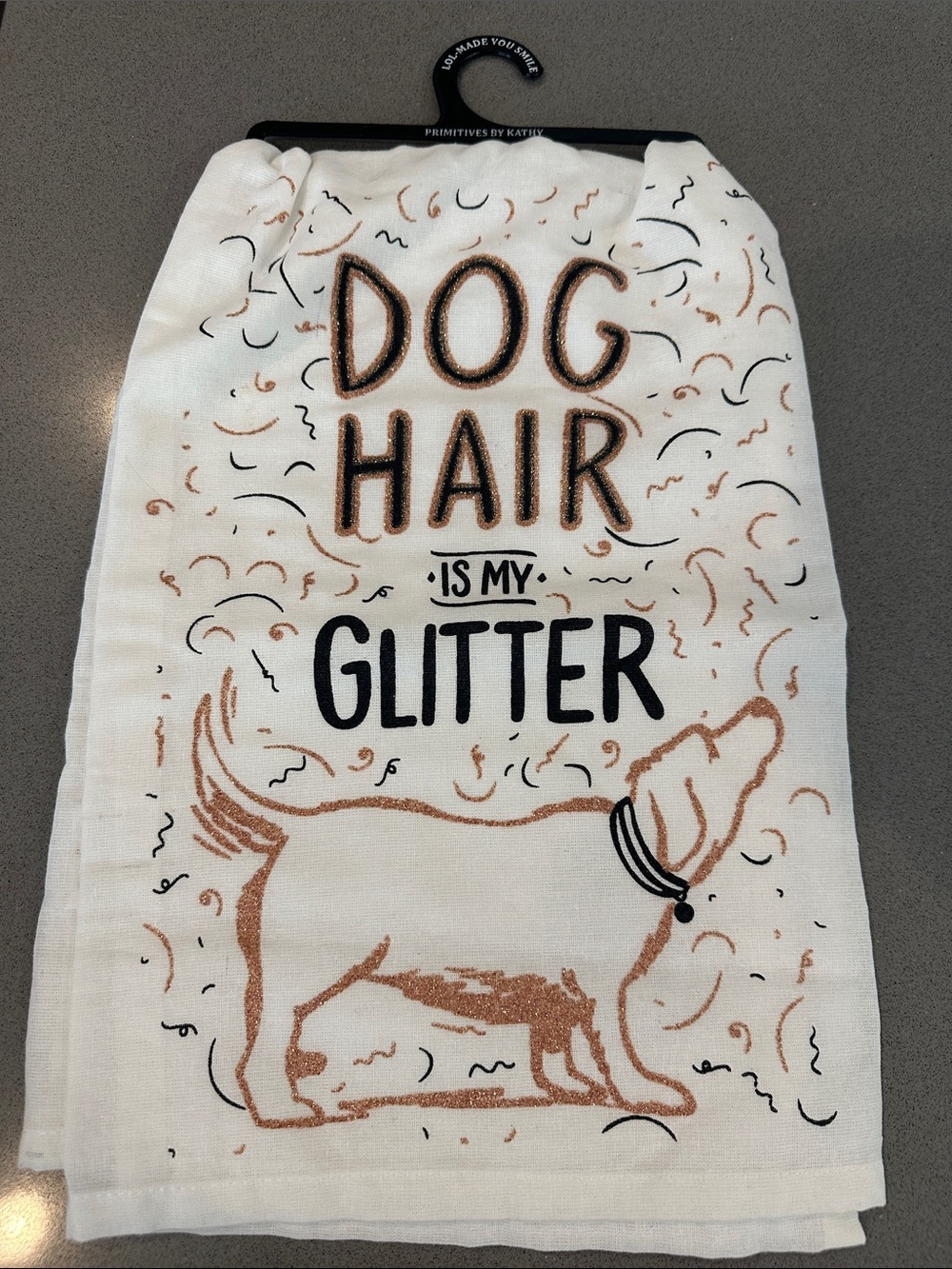 NWT Primitives by Kathy White Kitchen Towel with Bronze and Black Dog Design